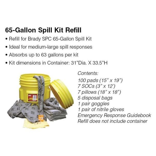 Brady Spill Kit Refill, 63 gal Volume Absorbed per Kit, 65 gal Capacity, Refill, Gray - SKA65-R