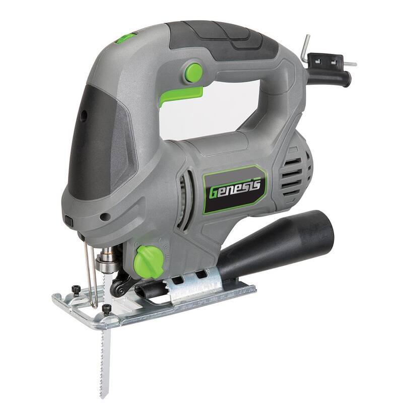 Si el producto fuera de la marca "Genesis", el título traducido sería: Sierra de calar Genesis 5.0 amperes con velocidad variable, cambio rápido, órbita de 4 posiciones, base ajustable, guía de corte y hojas de sierra - GJS500