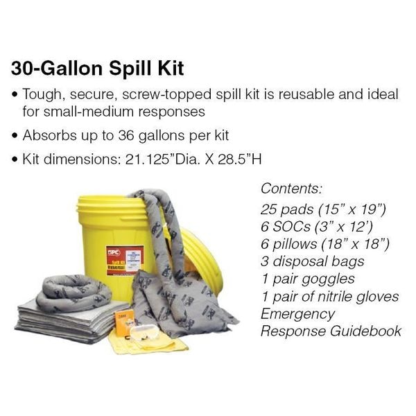 Brady Spill Kit, 36 gal Volume Absorbed per Kit, 30 gal Capacity, Drum, Yellow - SKO30