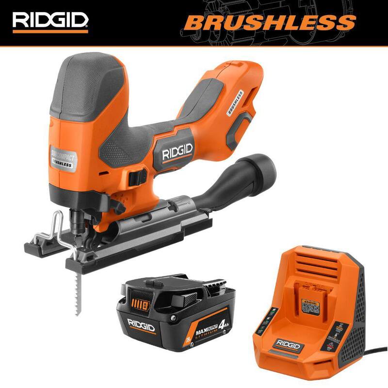 Kit de sierra caladora sin escobillas RIDGID 18V SubCompact con agarre de barril, batería de salida máxima de 18V 4.0Ah y cargador rápido - R86346B-AC9840