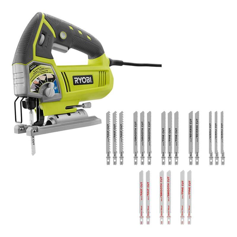 Sierra de calar orbital con cable de 4.8 amperios y velocidad variable de RYOBI con juego de hojas de sierra de calar para todo propósito (20 piezas) - JS481LG-A14AK201
