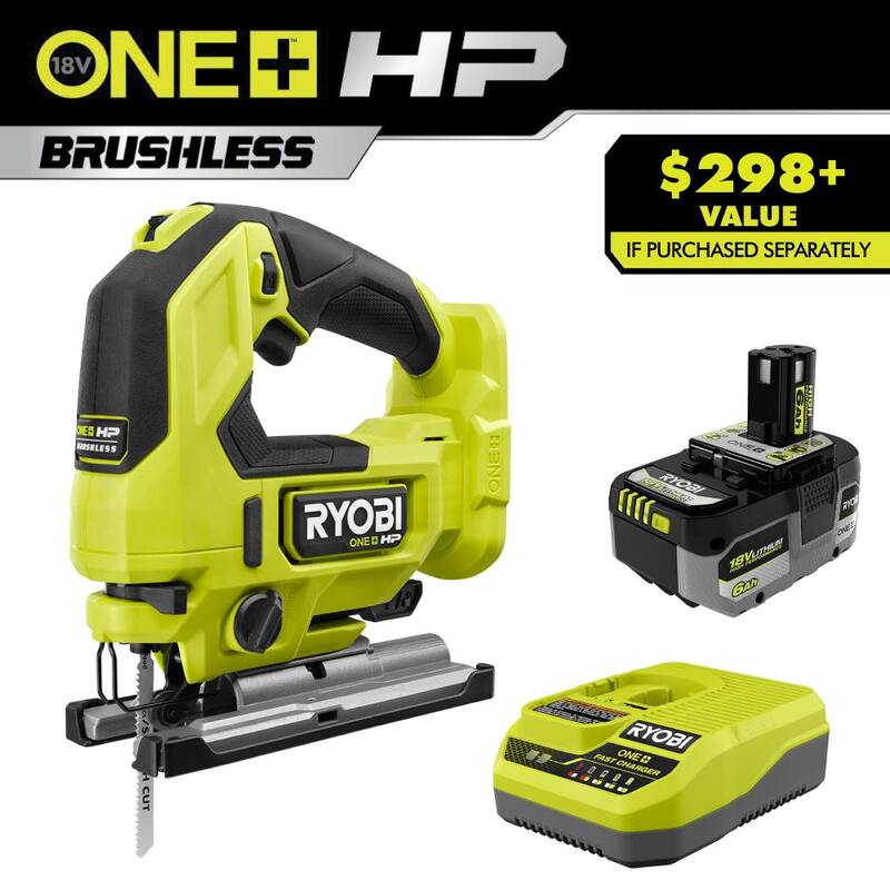 RYOBI ONE+ HP 18V 6.0 Ah Batería de alto rendimiento de iones de litio y kit de cargador con RYOBI ONE+ HP 18V sierra de vaivén sin escobillas - PSK016-PBLJS01B
