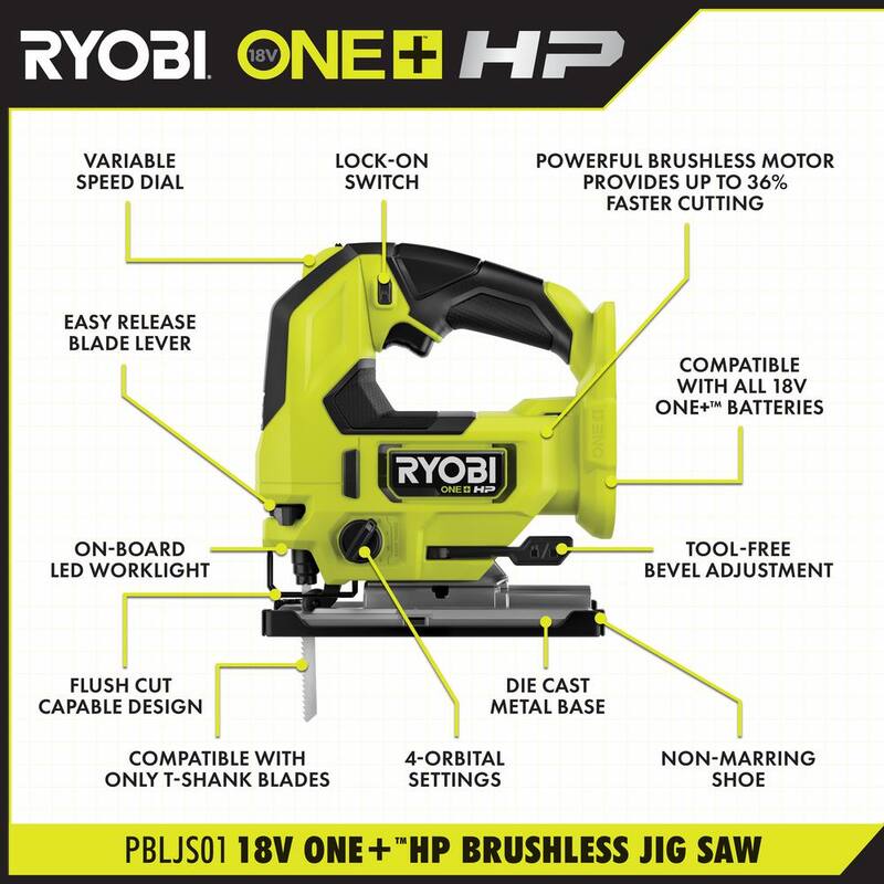 RYOBI ONE+ HP 18V 6.0 Ah Batería de alto rendimiento de iones de litio y kit de cargador con RYOBI ONE+ HP 18V sierra de vaivén sin escobillas - PSK016-PBLJS01B