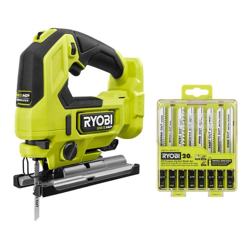 RYOBI ONE+ HP 18V Sierra de calar inalámbrica sin escobillas (herramienta solamente) con set de hojas para sierra caladora de uso general (20 piezas) - PBLJS01B-A14AK202