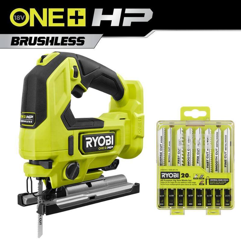 RYOBI ONE+ HP 18V Sierra de calar inalámbrica sin escobillas (herramienta solamente) con set de hojas para sierra caladora de uso general (20 piezas) - PBLJS01B-A14AK202