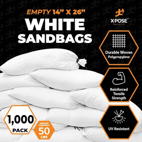 Xpose Safety Woven Poly Sand Bags for Flooding, 14 x 26, 50 lb WL, Empty, White Pack of 1000, 1000PK - SBW-1426-1000-X
