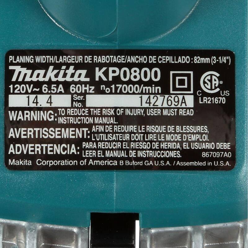 Juego de cepillo eléctrico de mano con cable Makita de 6.5 amperes y 3-1/4 pulgadas con juego de cuchillas y estuche rígido - KP0800K