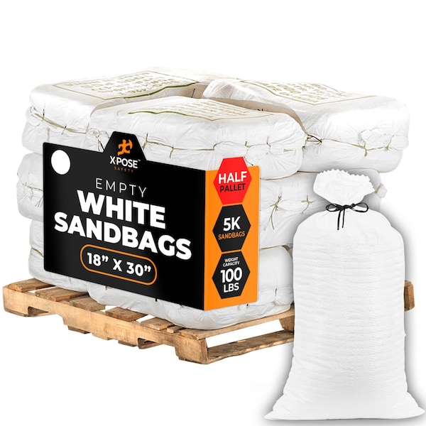 Xpose Safety Woven Polypropylene Sand Bags for Gravel - 18in x 30in 100 lb Limit, White, Half Pallet of 5,000 - SBW-1830-HP5000-X