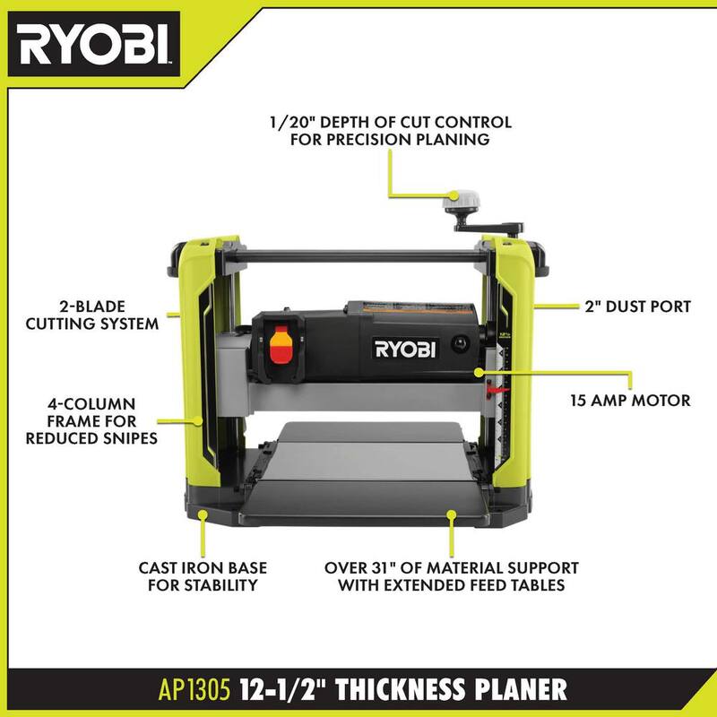 RYOBI 15 Amp 12-1/2 in. Cepillo para madera eléctrico con cuchillas para cepillo, herramienta para quitar cuchillas, llave hexagonal y capucha para polvo - AP1305