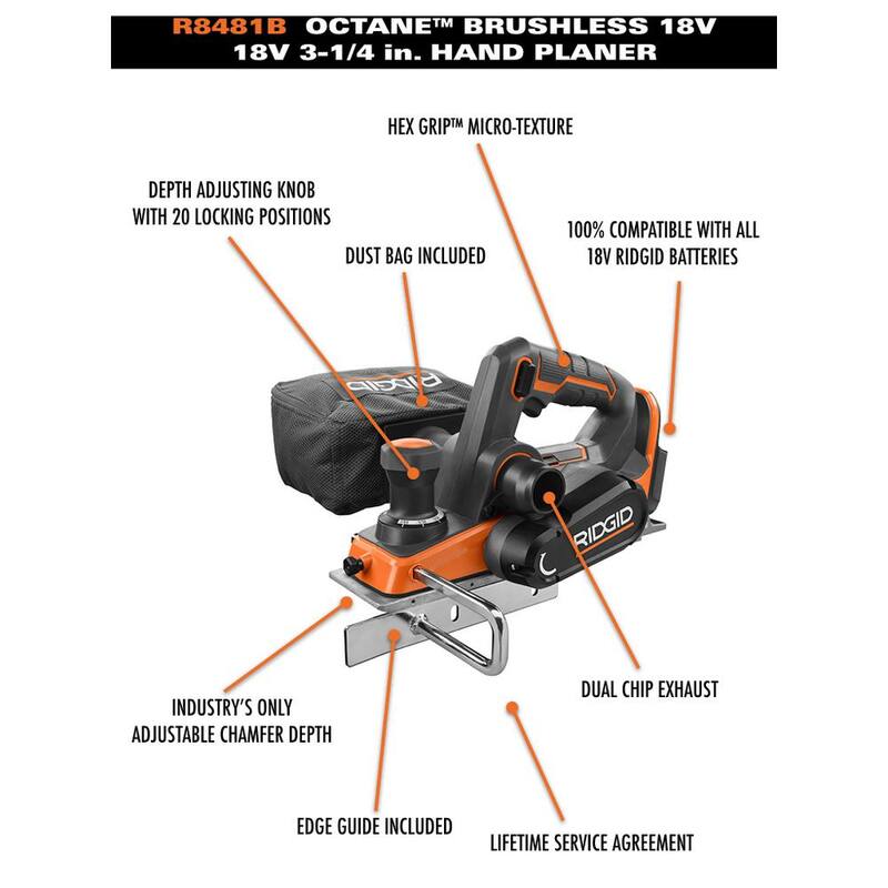 CePilladora de mano inalámbrica RIDGID 18V OCTANE sin escobillas de 3-1/4 in (Herramienta solamente) con bolsa de polvo - R8481B