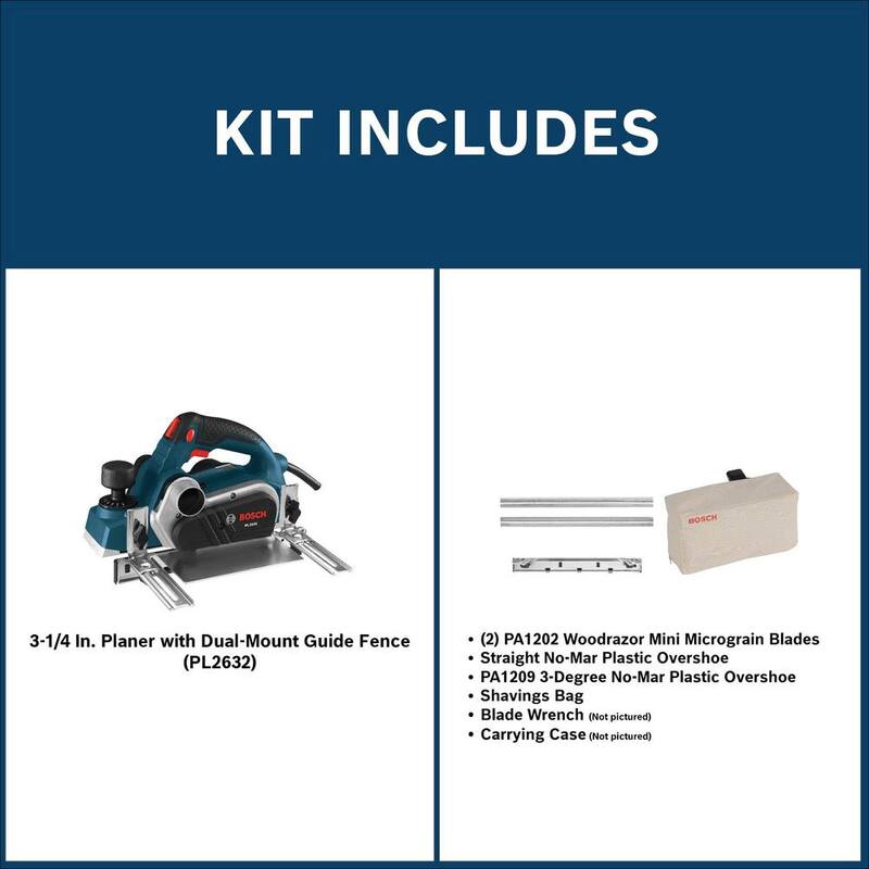 Juego de cepillo eléctrico Bosch de 6.5 amperes y 3-1/4 pulgadas con 2 cuchillas de carburo micrograno Woodrazor reversibles y estuche de transporte - PL2632K