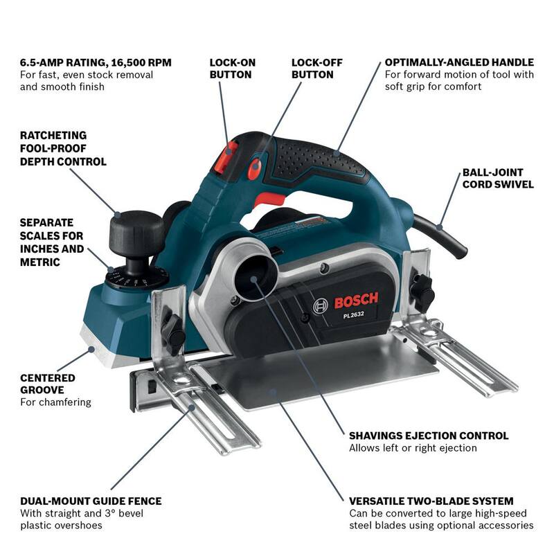 Juego de cepillo eléctrico Bosch de 6.5 amperes y 3-1/4 pulgadas con 2 cuchillas de carburo micrograno Woodrazor reversibles y estuche de transporte - PL2632K