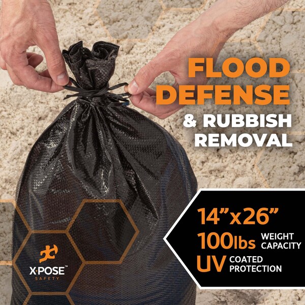 Xpose Safety Woven Poly Sand Bags for Flooding, 14 x 26 Heavy Duty 100 lb WL, Empty, Black, Pack of 500, 500PK - SBB-HVY-1426-500-X