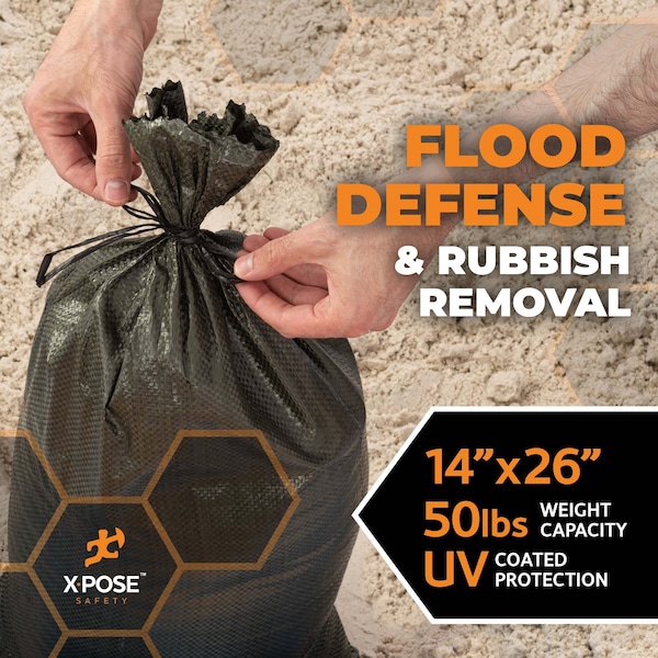 Xpose Safety Woven Poly Sand Bags for Flooding, 14 x 26, 50 lb WL, Empty, Green, Pack of 1000, 1000PK - SBG-1426-1000-X