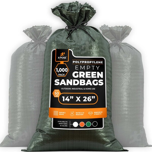 Xpose Safety Woven Poly Sand Bags for Flooding, 14 x 26, 50 lb WL, Empty, Green, Pack of 1000, 1000PK - SBG-1426-1000-X