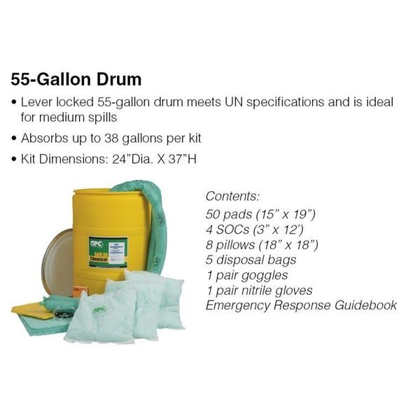 Brady Spill Kit, 38 gal Volume Absorbed per Kit, 55 gal Capacity, Drum, Yellow - SKA-55W