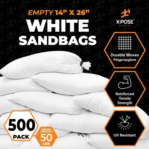 Xpose Safety Woven Poly Sand Bags for Flooding, 14 x 26, 50 lb WL, Empty, White, Pack of 500, 500PK - SBW-1426-500-X-S