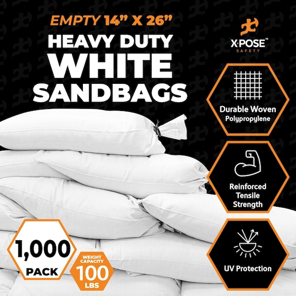 Xpose Safety Woven Poly Sand Bags for Flooding 14 x 26 Heavy Duty 100 lb WL, Empty, White, 1000PK - SBW-HVY-1426-1000-X