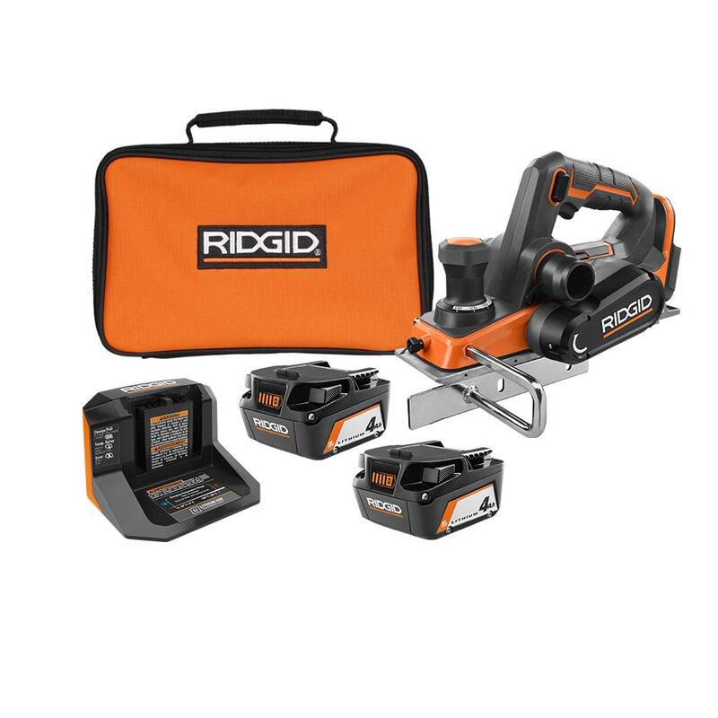 Desbastador de mano inalámbrico de 18V sin escobillas de RIDGID de 3-1/4 in. con bolsa de polvo, (2) baterías de 4.0 Ah, cargador de 18V, y bolsa - R8481B-AC93044SBN