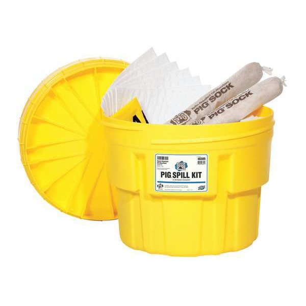 Pig Spill Kit, 16 gal Volume Absorbed per Kit, 20 gal Capacity, Drum, Yellow, 71 - 46305