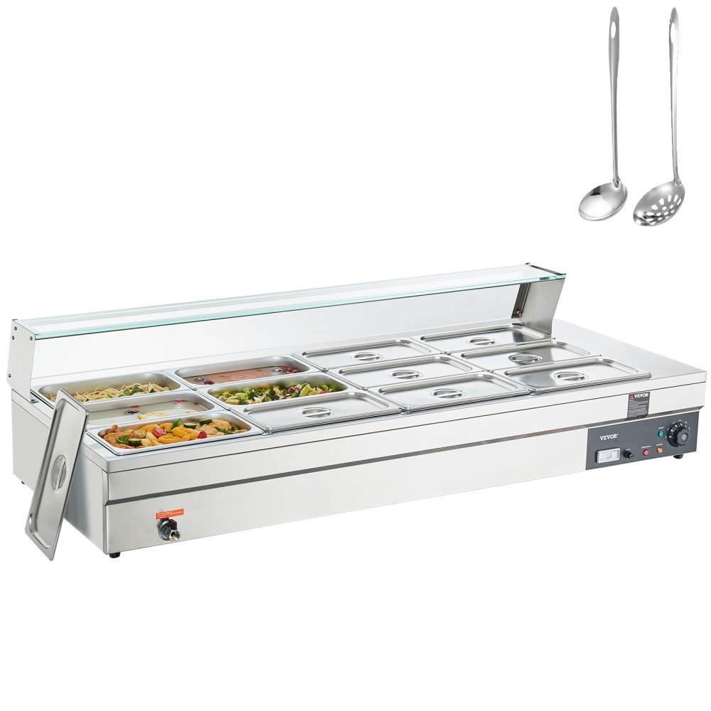 VEVOR 12-Pan Commercial Food Warmer, 12 x 8QT Electric Steam Table with Tempered Glass Cover, 1800W Countertop Stainless Steel Buffet Bain Marie 86-185°F Temp Control for Catering, Restaurant, Silver - B128QT1800W12Q1Z1V1