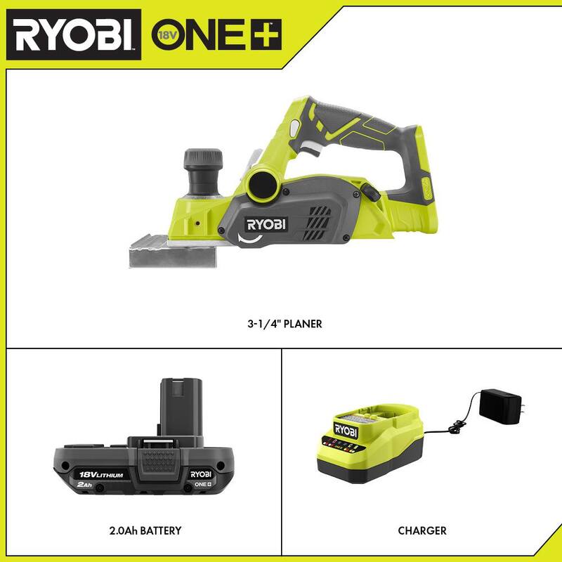 RYOBI ONE+ 18V Electrico Inalámbrico 3-1/4 pulgadas Cepillo con Bolsa de Polvo, Batería de 2.0 Ah, y Cargador - P611-PSK005