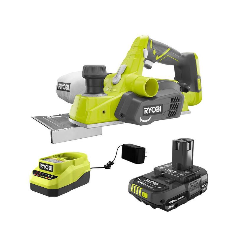 RYOBI ONE+ 18V Electrico Inalámbrico 3-1/4 pulgadas Cepillo con Bolsa de Polvo, Batería de 2.0 Ah, y Cargador - P611-PSK005