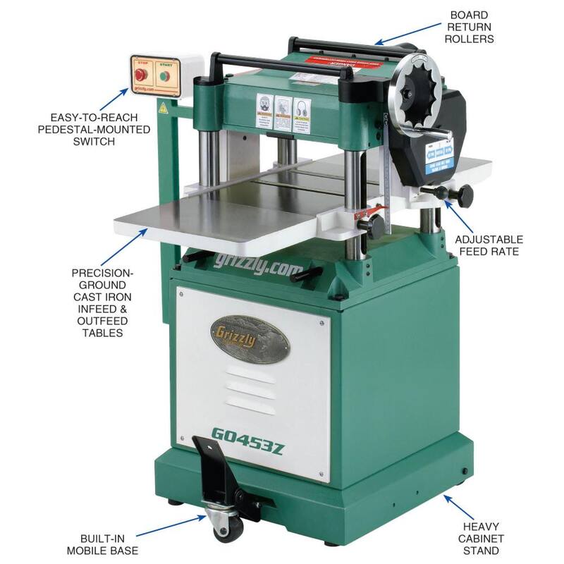 Cepilladora Grizzly Industrial de 15 pulgadas y 3 HP con cabezal de corte espiral - G0453Z