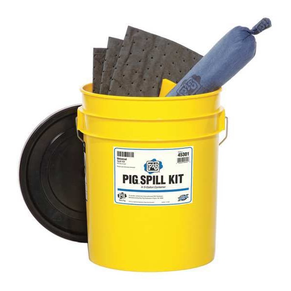 Pig Spill Kit, 4 gal Volume Absorbed per Kit, 5 gal Capacity, Bucket, Yellow, 19 - 45301