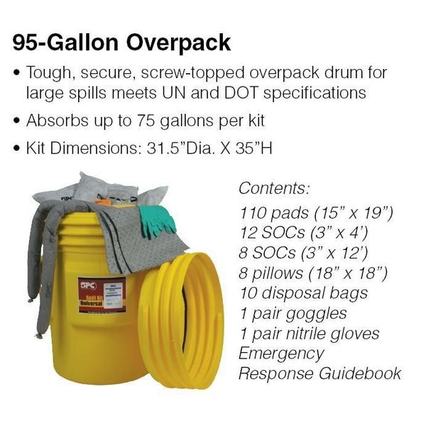 Brady Spill Kit, 75 gal Volume Absorbed per Kit, 95 gal Capacity, Drum, Yellow - SKO-95W
