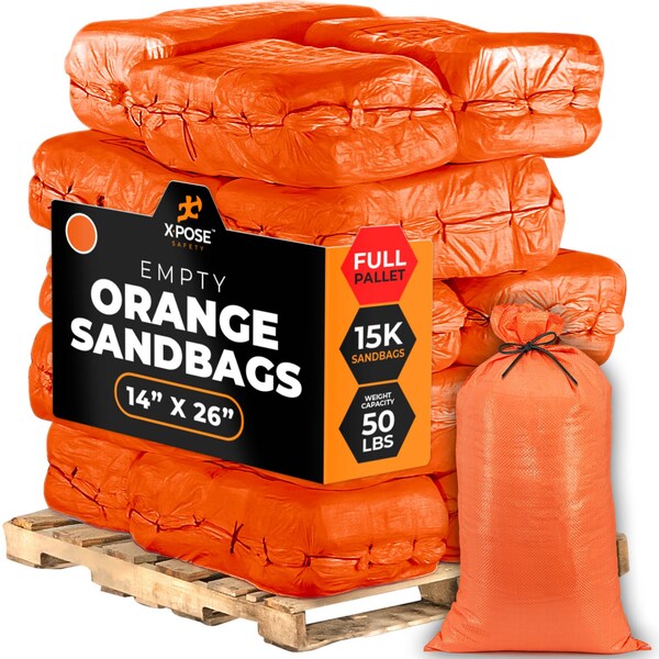 Xpose Safety Woven Polypropylene Sand Bags for Gravel - 14in x 26in 50 lb Limit, Orange, Pallet of 15,000 - SBO-1426-FP15000-X