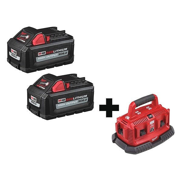 Milwaukee Tool M18 REDLITHIUM HIGH OUTPUT Battery, 18V, Li-ion, 6 Ah, Includes Charger - 48-11-1862, 48-59-1806