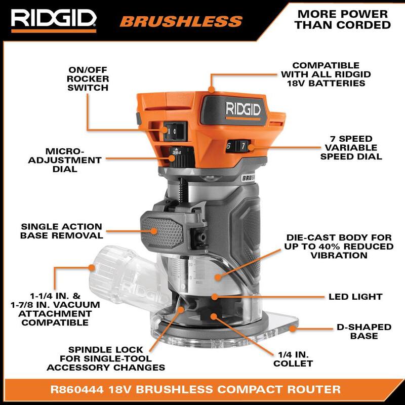 Enrutador compacto inalámbrico RIDGID 18V sin escobillas (sólo herramienta) - R860444B