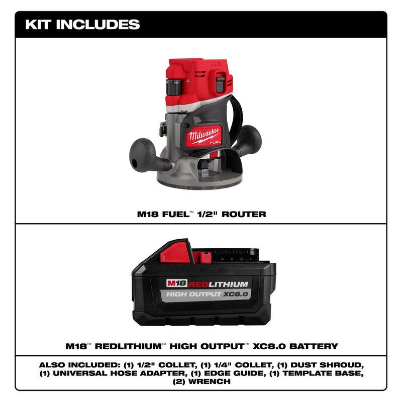 Enrutador inalámbrico de 1/2 pulgadas sin escobillas Milwaukee M18 FUEL 18V de ion de litio con batería de alto rendimiento XC 8.0 Ah - 2838-20-48-11-1880