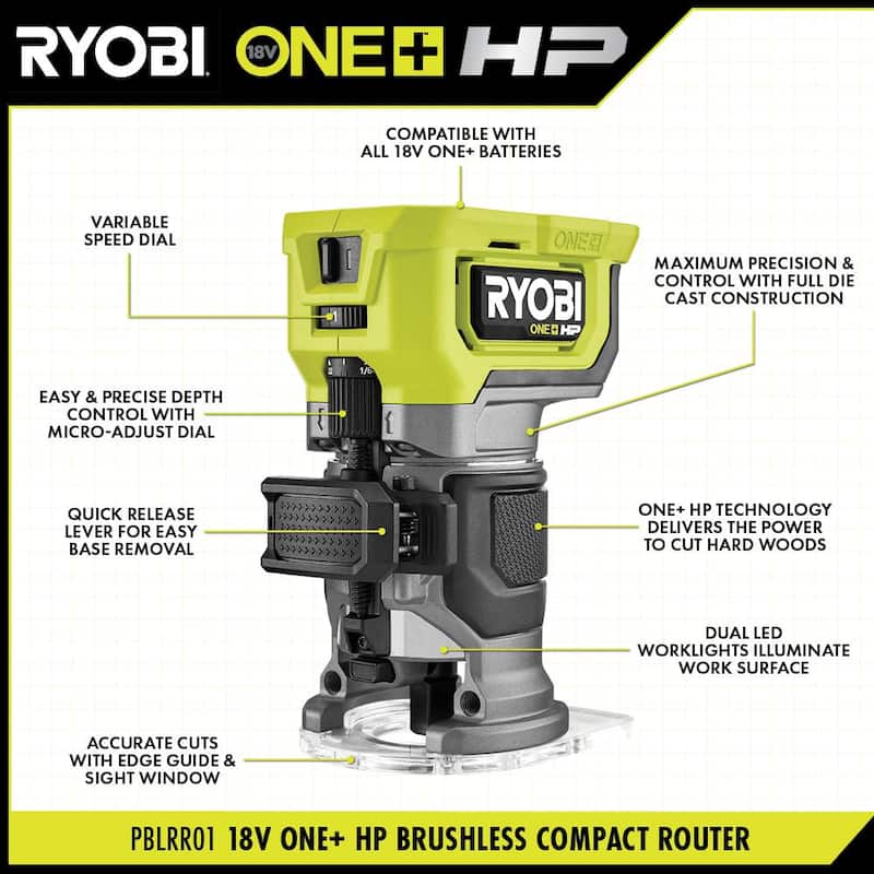 RYOBI ONE+ HP 18V enrutador compacto inalámbrico sin escobillas (Herramienta solamente) - PBLRR01B