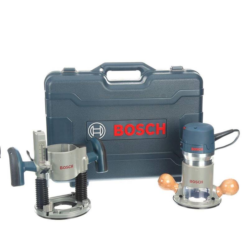 Kit de enrutador de base fija y sumergible de velocidad variable de 12 amperios y 2-1/4 HP de Bosch con bono de mesa de enrutador de banco con cable de 15 amperios - 1617EVSPKRA1181
