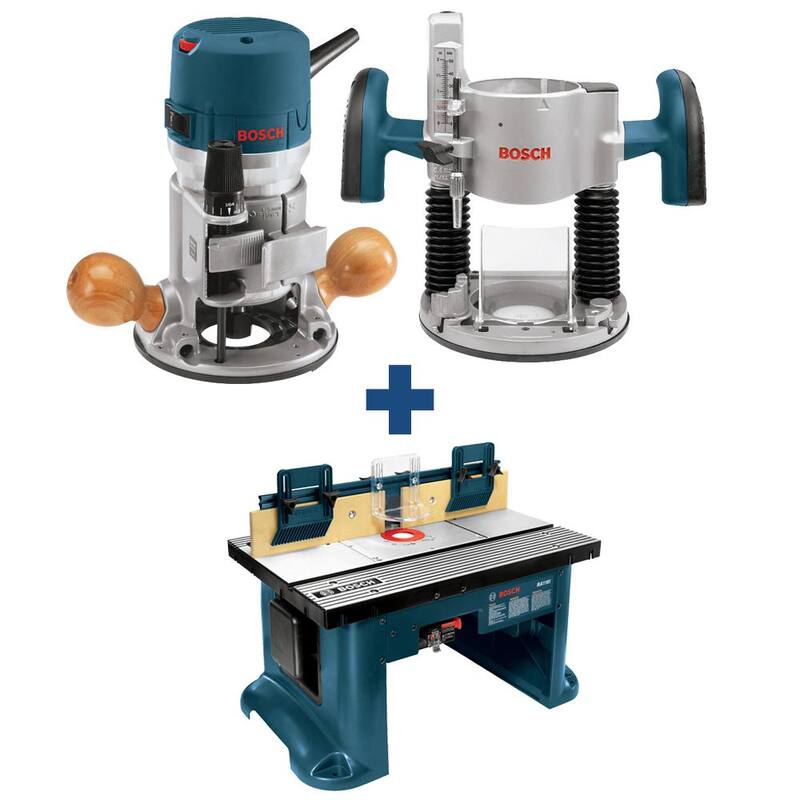 Kit de enrutador de base fija y sumergible de velocidad variable de 12 amperios y 2-1/4 HP de Bosch con bono de mesa de enrutador de banco con cable de 15 amperios - 1617EVSPKRA1181