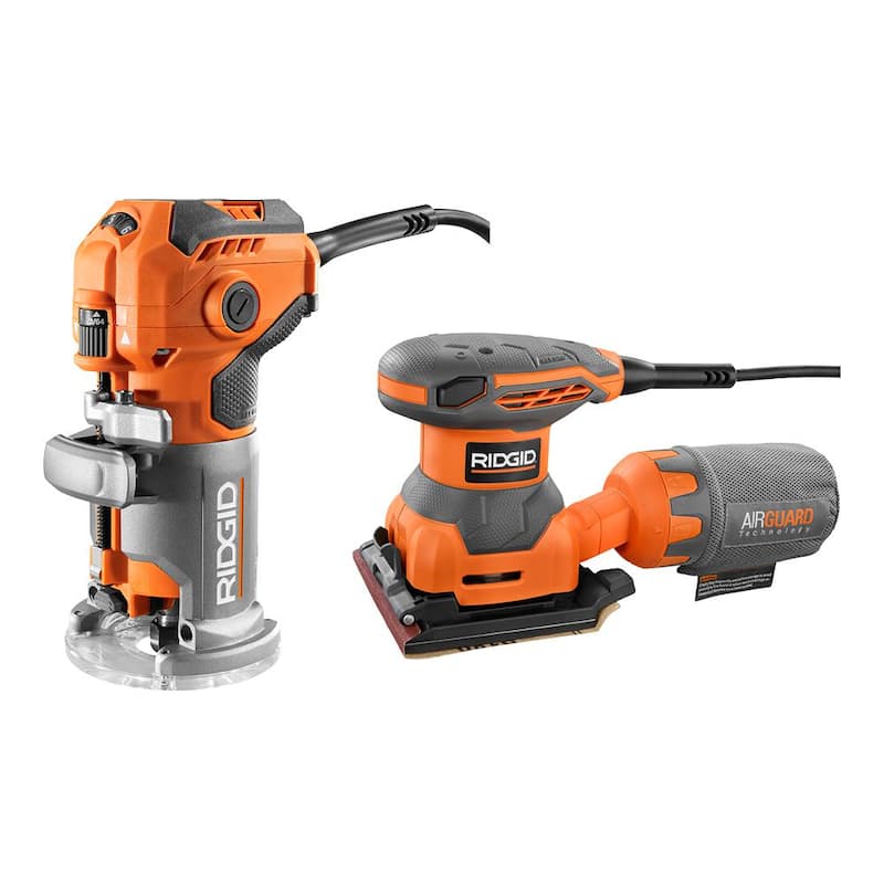 Enrutador de recorte de base fija con cable de 5.5 amperios RIDGID y lijadora de lámina de 1/4 con cable de 2.4 amperios - R24011