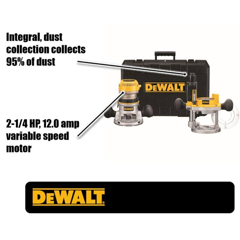 Kit combo de router fijo y de inmersión DEWALT de 2-1/4 HP con velocidad variable electrónica y arranque suave - DW618PK