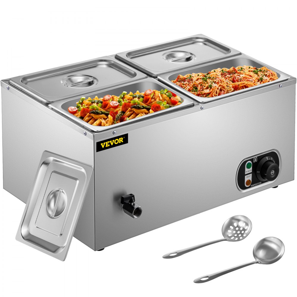 VEVOR 110V Commercial Food Warmer 4x1/4GN, 4-Pan Stainless Steel Bain Marie 14.8 Qt Capacity,1500W Steam Table 15cm/6inch Deep,Temp. Control 86-185, Electric Soup Warmer w/Lids & 2 Ladles - PT4BM-22B110V3MI7V1