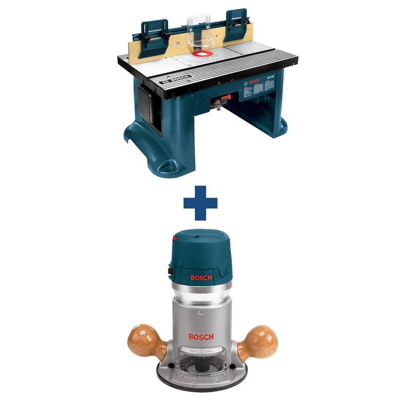Mesa de enrutador de aluminio con cable de 15 amperes de Bosch de 27 pulgadas x 18 pulgadas con un enrutador de base fija de velocidad variable de 2.25 HP con cable de 12 amperes de bonificación - RA1181+1617EVS