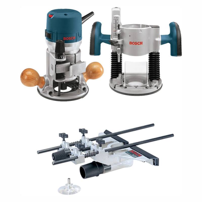 Enrutador de base fija y base en plungue con cable de 12 amperes y 2-1/4 HP de Bosch con guía de bonificación, capucha de extracción de polvo y adaptador - 1617EVSPKRA1054