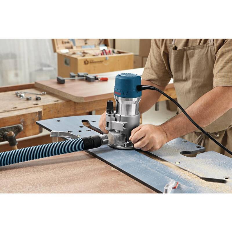 Enrutador de base fija y base en plungue con cable de 12 amperes y 2-1/4 HP de Bosch con guía de bonificación, capucha de extracción de polvo y adaptador - 1617EVSPKRA1054