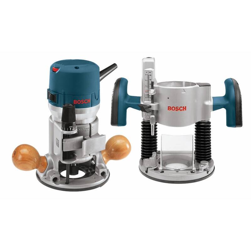 Enrutador de base fija y base en plungue con cable de 12 amperes y 2-1/4 HP de Bosch con guía de bonificación, capucha de extracción de polvo y adaptador - 1617EVSPKRA1054