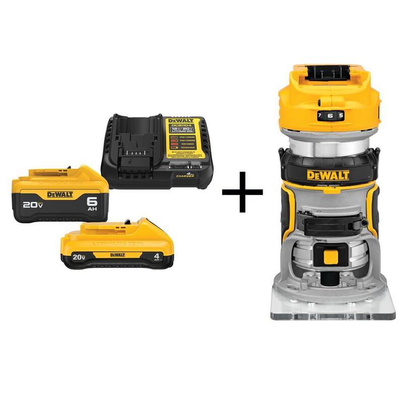Router compacto inalámbrico sin escobillas DEWALT 20V MAX XR con kit de inicio de 6.0 Ah y 4.0 Ah - DCW600BWCB2460C