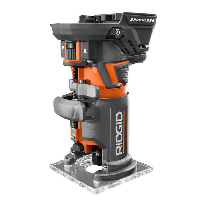 Enrutador compacto inalámbrico RIDGID 18V OCTANE Brushless con base fija, con broca de 1/4 pulgadas, bases redondas y cuadradas y llave para porta brocas - R860443B
