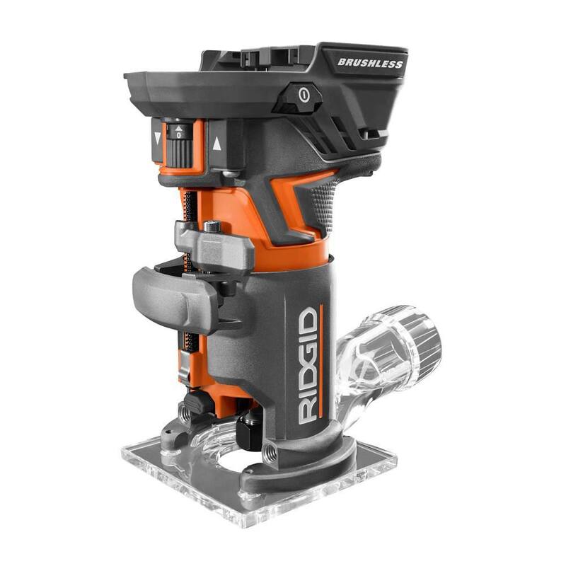 Enrutador compacto inalámbrico RIDGID 18V OCTANE Brushless con base fija, con broca de 1/4 pulgadas, bases redondas y cuadradas y llave para porta brocas - R860443B