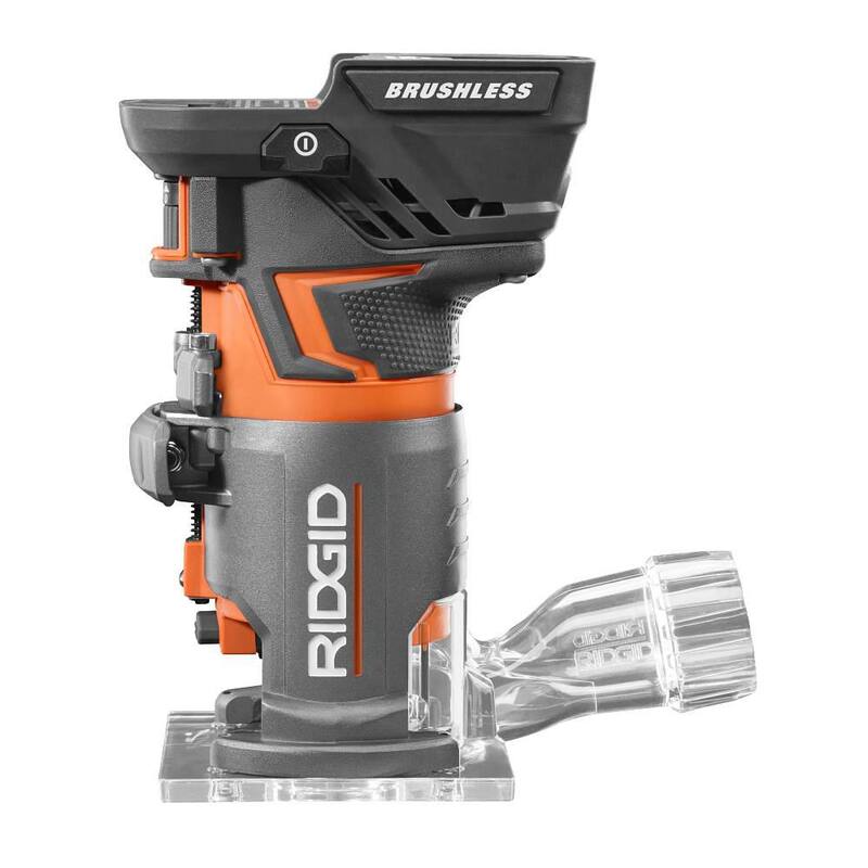 Enrutador compacto inalámbrico RIDGID 18V OCTANE Brushless con base fija, con broca de 1/4 pulgadas, bases redondas y cuadradas y llave para porta brocas - R860443B