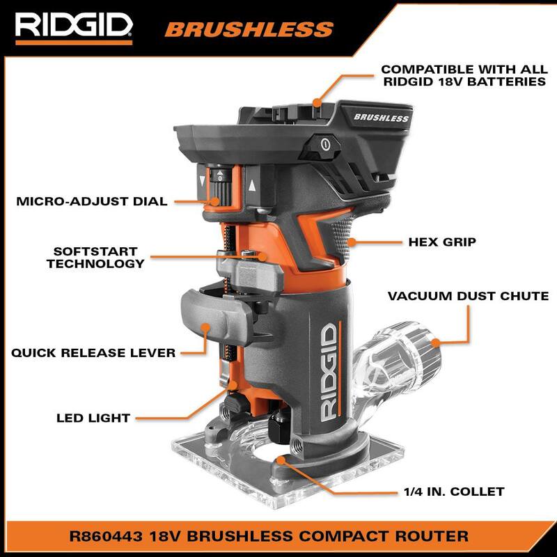 Enrutador compacto inalámbrico RIDGID 18V OCTANE Brushless con base fija, con broca de 1/4 pulgadas, bases redondas y cuadradas y llave para porta brocas - R860443B