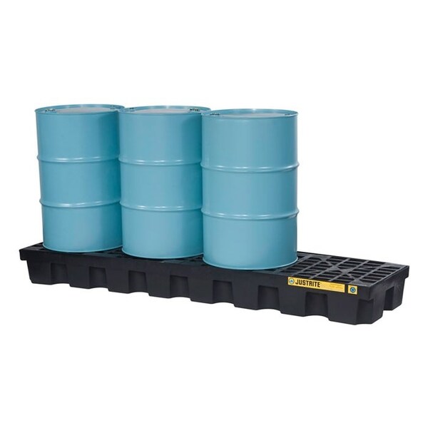 Justrite 4 Drum Plastic Pallet, In-line, With Drain, Black - 28633 - 28633